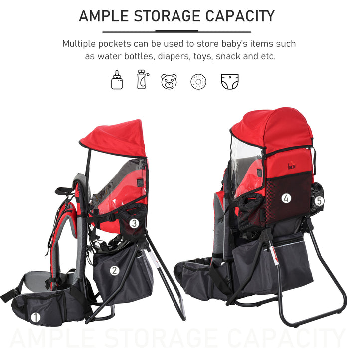 ErgoKid JourneyPro - Baby Backpack Carrier with Hip Seat & Sun/Rain Cover - Comfortable Toddler Stand Carrier for Age 6-36 Months, Adjustable Straps, Red