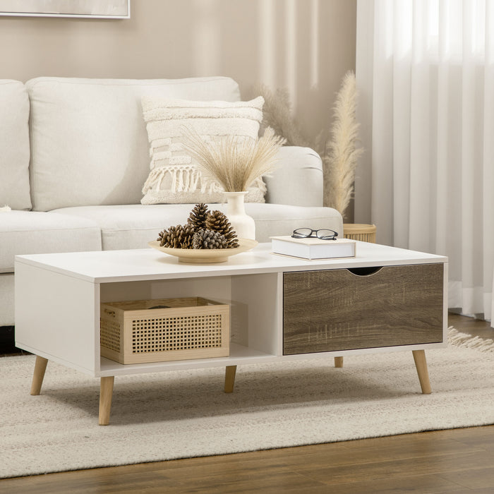 Modern White Coffee Table with Storage -  Open Shelves, Dual Drawers, Solid Wood Legs - Elegant Centerpiece for Living Room or Bedroom