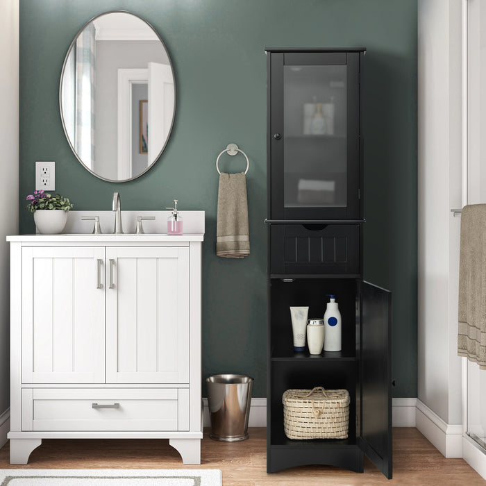 Tall Storage Unit for Bathroom - Adjustable Shelves with Double Doors, Classic Black Finish - Ideal Solution for Organizing Bathroom Essentials