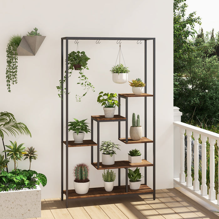 6-Tier Tall Plant Stand - Rustic Brown with 10 Hanging Hooks and Wire Shelf for Multi-plant Display - Ideal for Home Garden Enthusiasts and Space Saving