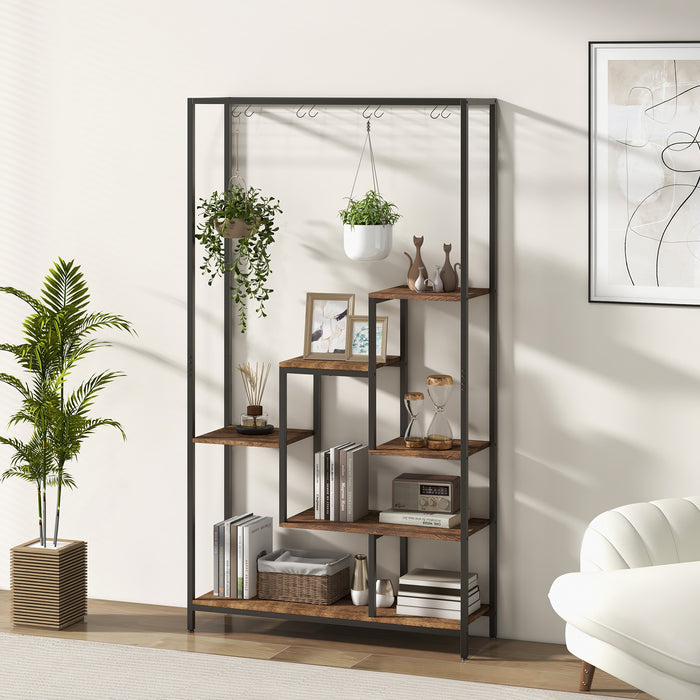 6-Tier Tall Plant Stand - Rustic Brown with 10 Hanging Hooks and Wire Shelf for Multi-plant Display - Ideal for Home Garden Enthusiasts and Space Saving