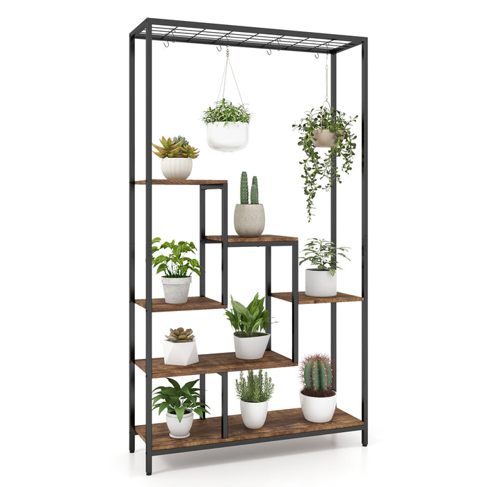 6-Tier Tall Plant Stand - Rustic Brown with 10 Hanging Hooks and Wire Shelf for Multi-plant Display - Ideal for Home Garden Enthusiasts and Space Saving