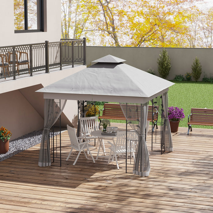 Double Roof Garden Gazebo Canopy - 3m x 3m with Netting & Solid Steel Frame in Light Grey - Outdoor Shelter for Gardens and Patios