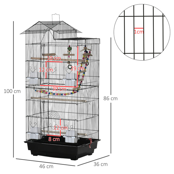 Aviary Home for Small Birds - Budgie, Finch, and Canary Cage with Perches, Toys, and Slide-Out Tray - Portable Design with Carrying Handle, 46x36x100cm, Elegant Black