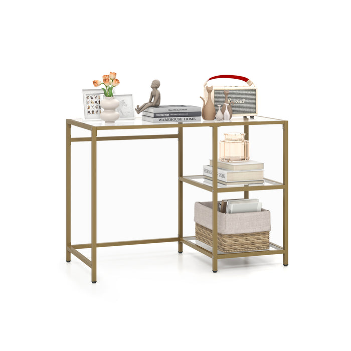 Golden Tempered Glass Table - Writing Workstation with Storage Shelf Feature - Ideal for Students and Home Office Use