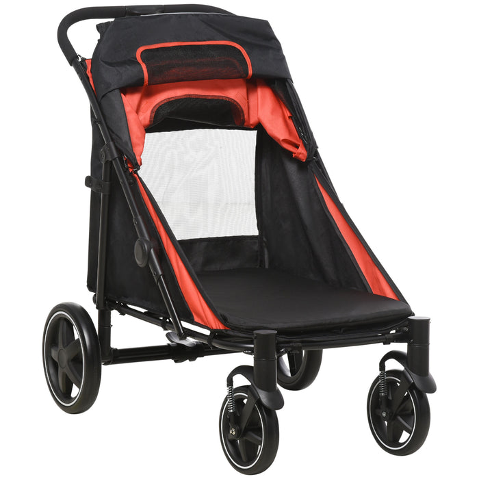 Red Pet Stroller with Shock Absorbing Universal Wheels - One-Click Folding Cat & Dog Carriage, Breathable Mesh Window, Brakes & Storage - Convenient Pet Travel & Comfort