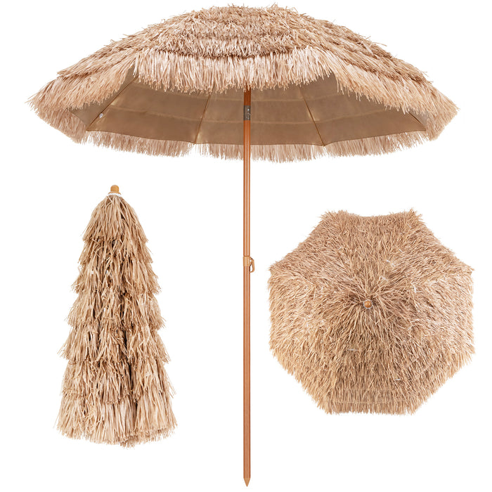 8-Rib Thatched Tiki Patio Umbrella with Tilt Design - 192cm, Provides shade and Tropical Ambiance - Perfect for Outdoor Gatherings and Garden Decorations