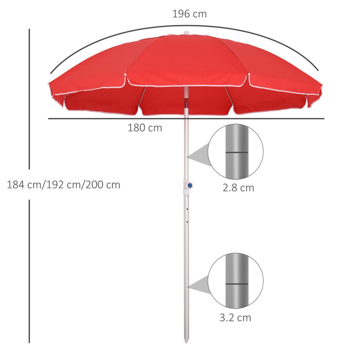 Arced Beach Umbrella 1.9m with 3-Angle Canopy - Aluminium Frame, Pointed Spike, Carry Bag - Outdoor Sun Shelter for Patio and Beach Safety, Red Color