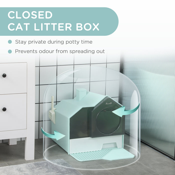 Hooded Cat Litter Box with Scoop - Durable Light Blue Enclosure with Odor Control - Perfect for Privacy & Easy Cleaning