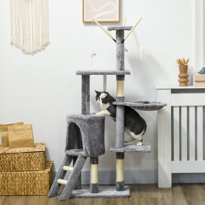 Cat Tree with Scratching Post - 135cm Climbing Tower with Ladder for Playful Felines - Kitty Activity Centre for Indoor Cats in Stylish Grey