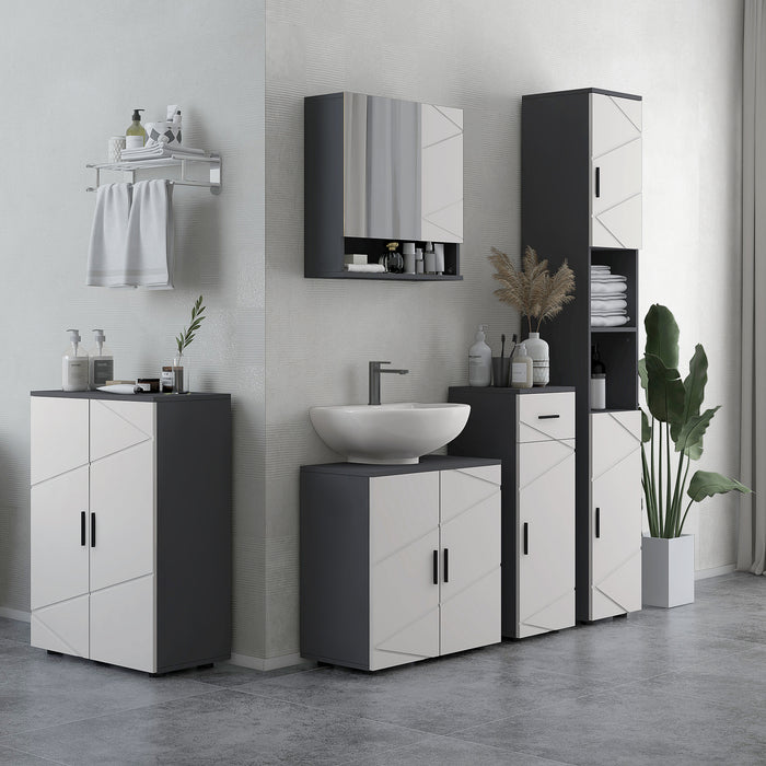 5-Piece Grey Bathroom Furniture Ensemble - Storage Cabinets with Doors, Shelves & Wall-Mounted Mirror - Space-Saving Solutions for Organized Bathrooms