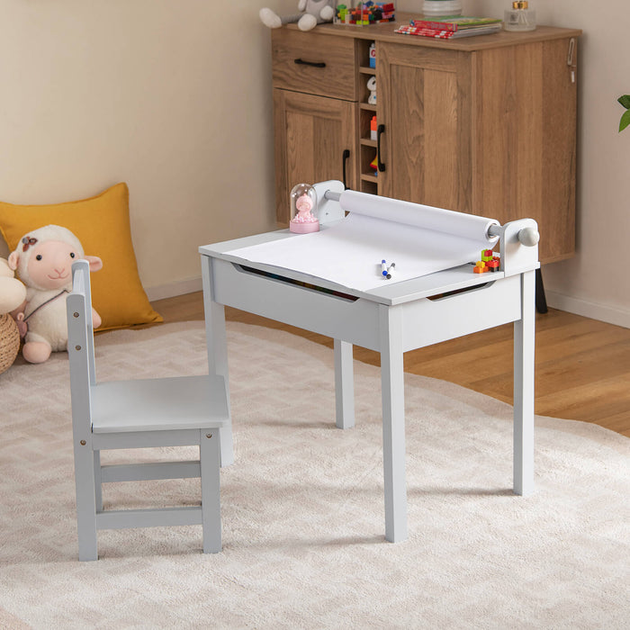 Activity Table for Toddlers - Chair set with Built-In Storage and Paper Roll Holder, Colour Grey - Universal Home Solution for Kids' Creativity and Organization