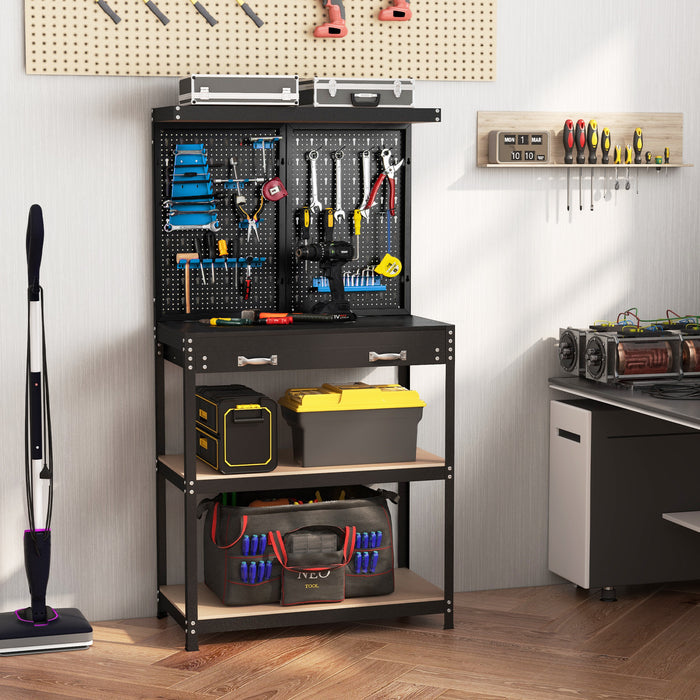 Workbench with Tool Storage - Featuring Built-In Pegboard, Shelves, and Drawers - Ideal Solution for Organizing and Storing Tools