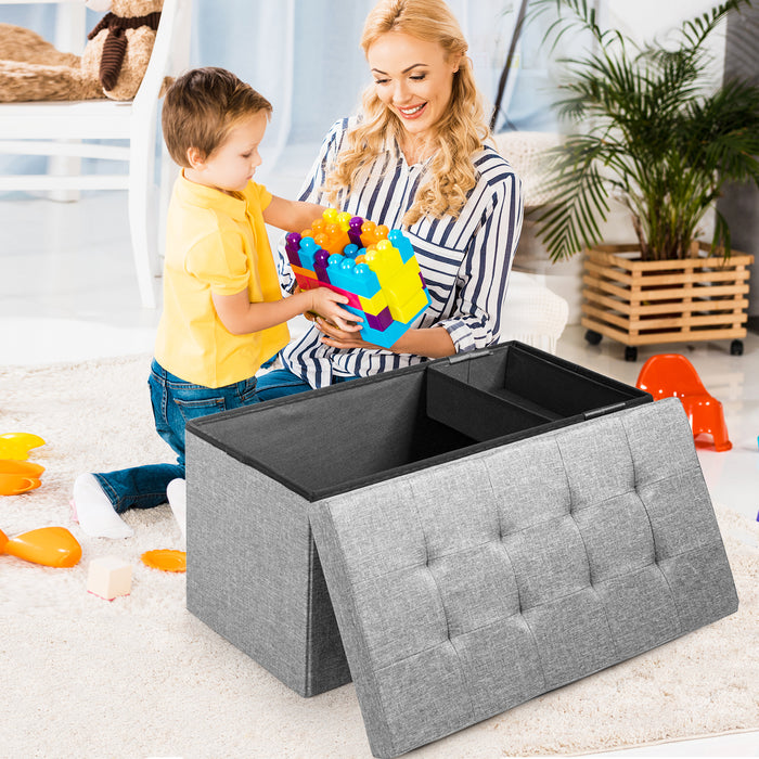Fabric Ottoman - Foldable Storage with Padded Seat in Light Grey - Ideal for Living Room De-Cluttering