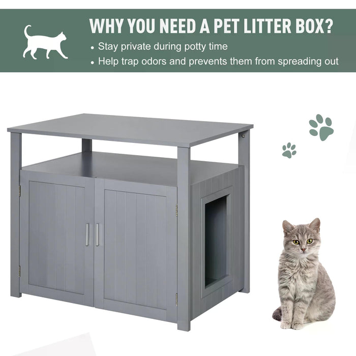 Wood Cat Litter Cabinet with Divider - Adjustable Wall, Spacious Top Surface Nightstand - Discreet Litter Box Holder for Cats, Grey Finish