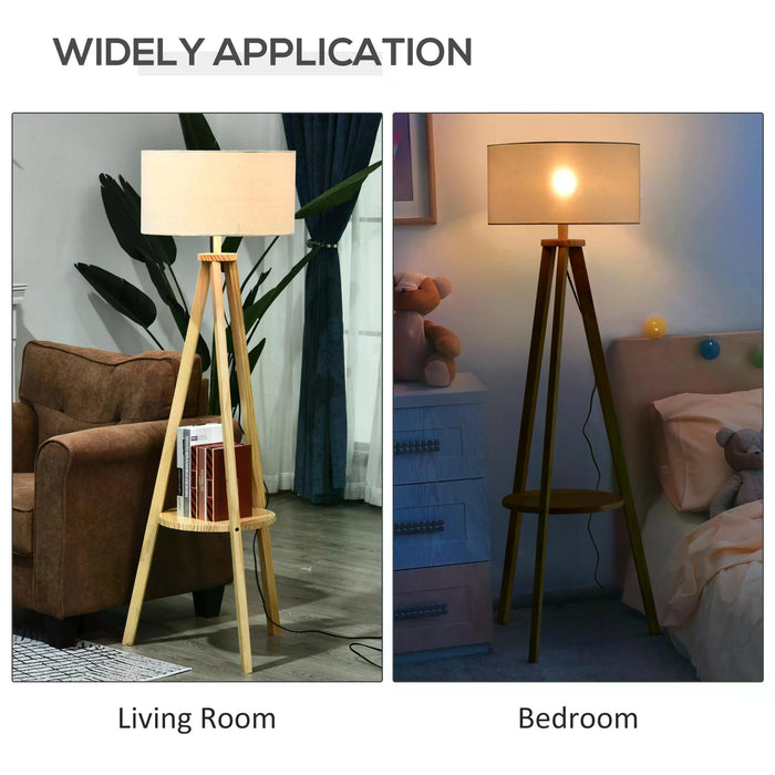 Freestanding Tripod Floor Lamp with Storage Shelf - Linen Shade Bedroom and Living Room Reading Light - Bedside Lamp for Cozy Ambiance, 154cm, Cream