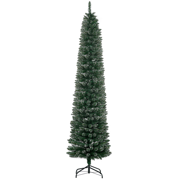 Artificial Snow-Flocked Pencil Christmas Tree 7.5FT - Slim Green Holiday Tree with Black Folding Metal Stand - Festive Indoor Home Decor for Xmas Season