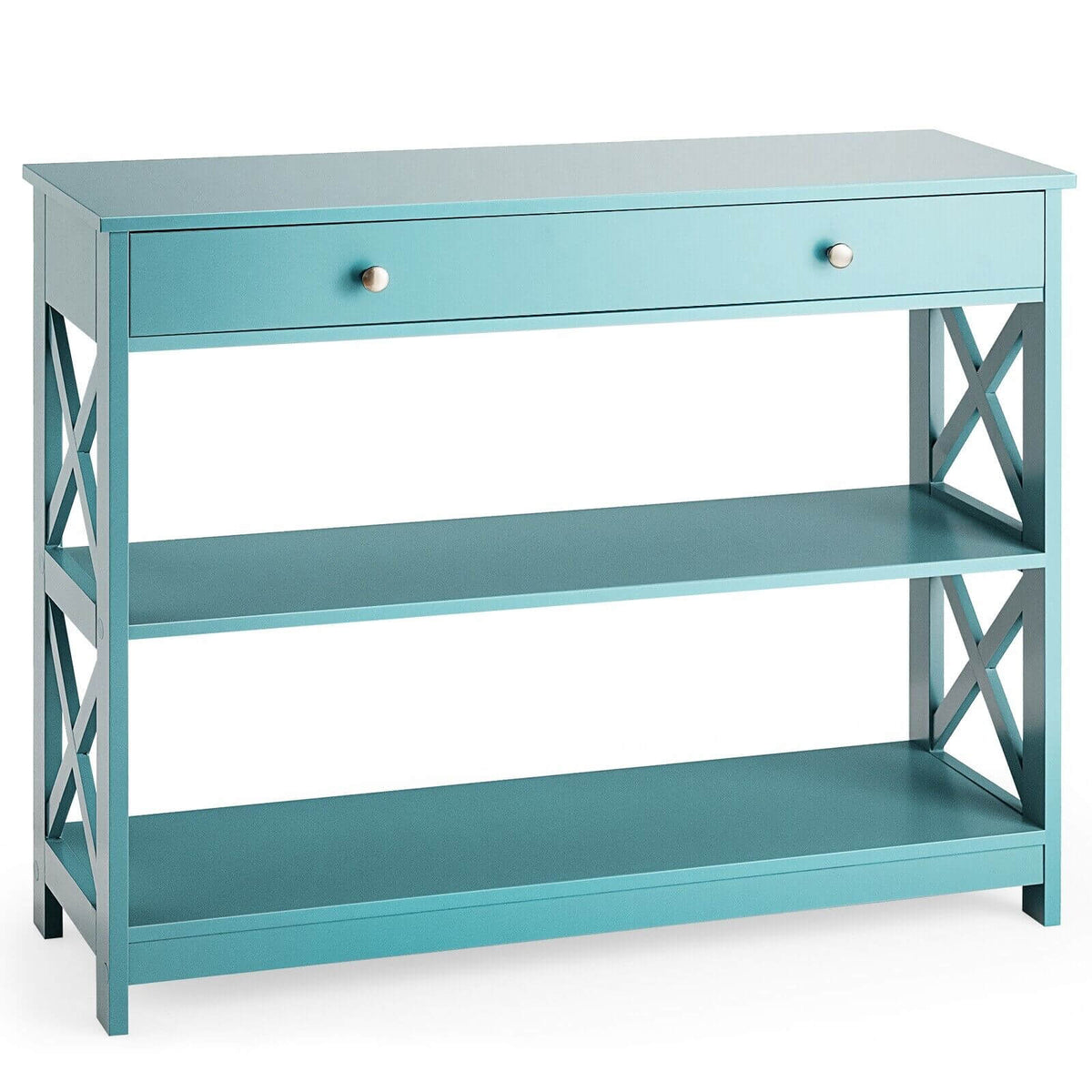 Console Table 3-Tier with Drawer - Storage Shelves, Turquoise Design - Space Efficient Solution for Living Room Décor