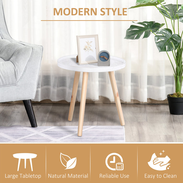 Carved Floral Round Coffee Table Set - Tray-top Design with Wooden Legs, Modern Side Tables - Ideal for Living Room Décor, Pair in White