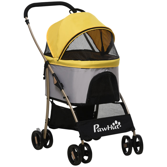 Detachable 3-in-1 Pet Stroller - Foldable Dog and Cat Travel Carriage with Universal Wheel Brake, Canopy, and Storage Basket - Convenient Transportation for Pets, Yellow