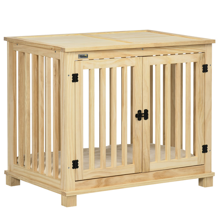 Double-Door Wooden Dog Crate with Cushion - Stylish Medium-Sized Pet Enclosure - Comfortable Home for Dogs with Natural Finish