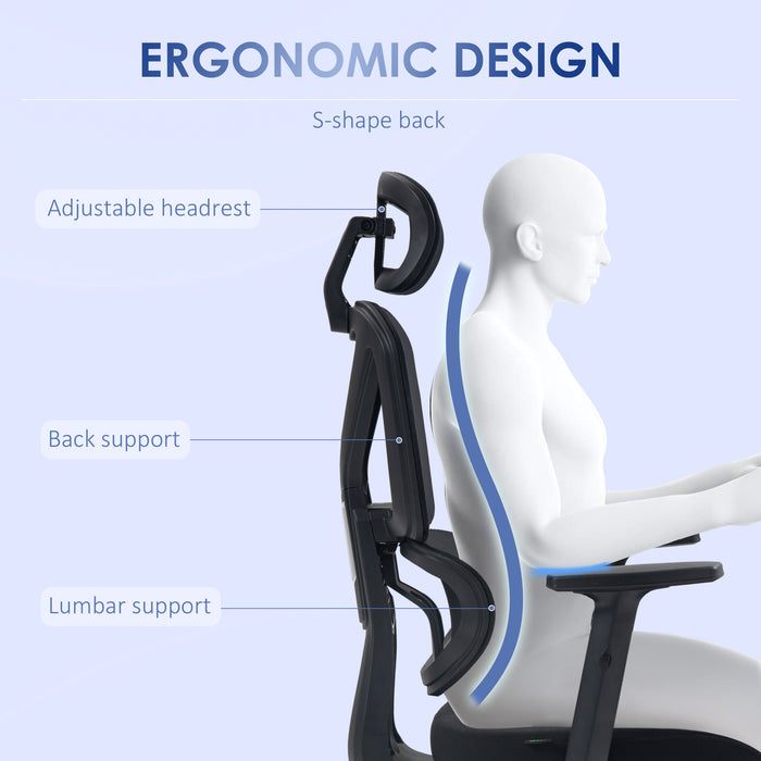 Ergonomic Mesh Office Chair - Height Adjustable with Lumbar Support, Swivel Wheels & Adjustable Headrest - Comfortable Seating for Desk Work, Black