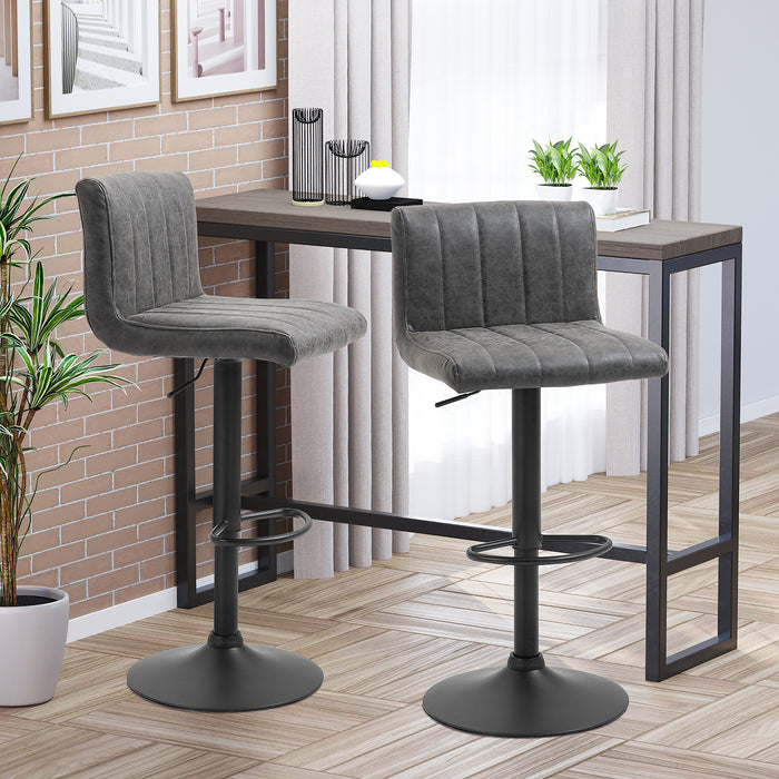 Adjustable Height Bar Chairs with Footrest, Set of 2 - PU Leather & Gas Lift Grey Bar Stools - Perfect for Home Dining & Entertainment Areas