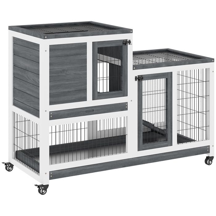 Wooden Rabbit Hutch with Wheels - Indoor Small Animal Cage for Bunnies and Guinea Pigs with Enclosed Run - Durable Pet Home for Comfort and Safety