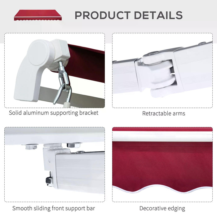 Retractable Manual Awning 4x2.5m - Garden Patio Sun Shade Canopy, Wine Red with Fittings and Crank Handle - Ideal Outdoor Shelter for Windows and Doors
