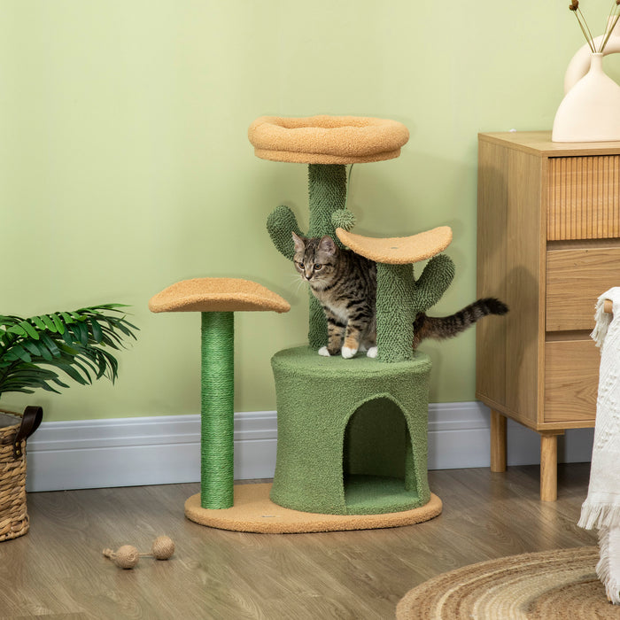 Cactus Cat Tree Climber - 83cm Tall Kitten Activity Center with Plush Teddy Fleece House, Comfy Bed, Durable Sisal Scratch Post & Playful Hanging Ball - Ideal for Playful Cats & Scratch-Loving Kittens