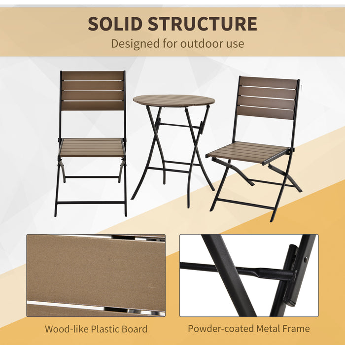 3-Piece Folding Bistro Dining Set - Metal Frame with Slatted Plastic Panels, Compact Design for Garden & Outdoors - Ideal for Apartment Balconies, Black & Brown Combination