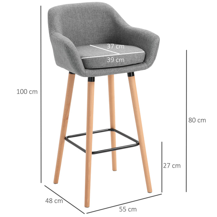 Modern Upholstered Bar Chairs, Set of 2 - Metal Frame with Solid Wood Legs, Grey Fabric - Stylish Seating for Living and Dining Spaces