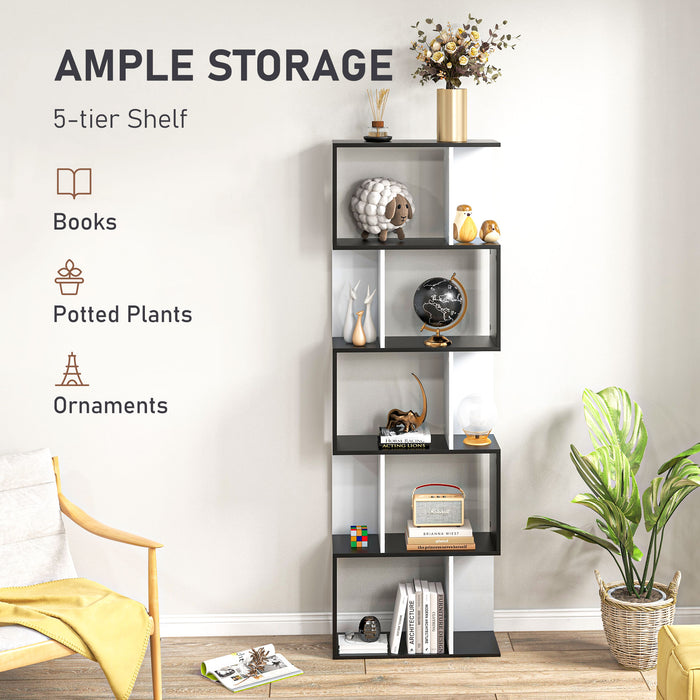5-Tier S-Shaped Bookcase - Modern Storage & Display Shelving Unit, Divider in Black - Ideal for Organizing Books, Decor in Living Room or Office