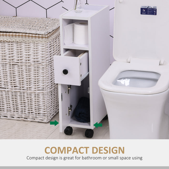 Slimline Freestanding Storage Cabinet - 2 Drawers, Open Shelving, Wheels, and Handles - Space-Saving Organizer for Bathroom or Home Office