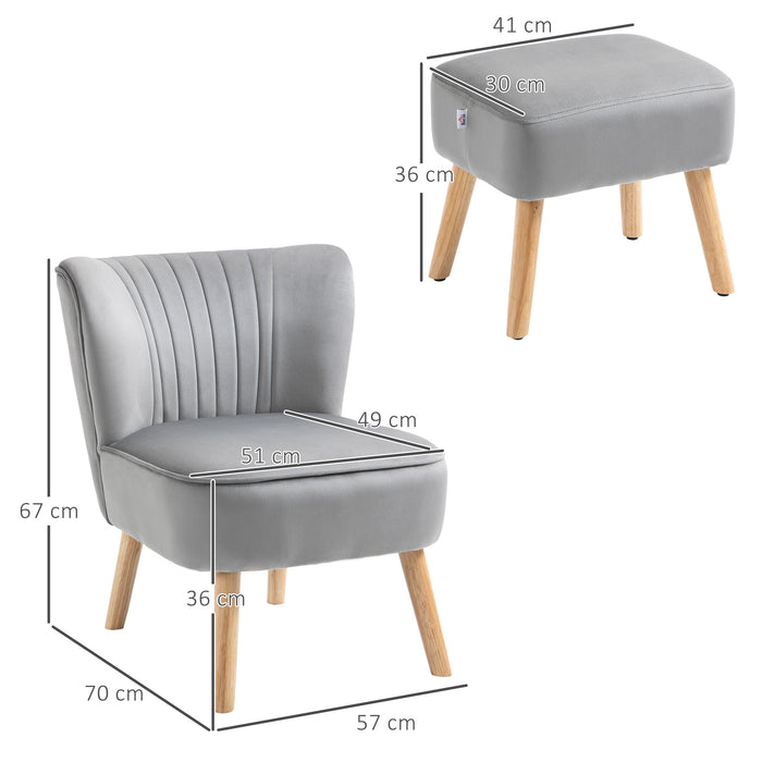 Velvet Tub Chair with Ottoman - Padded Occasional Accent Seat with Curved Back and Wooden Legs - Stylish Seating for Home Comfort in Light Grey