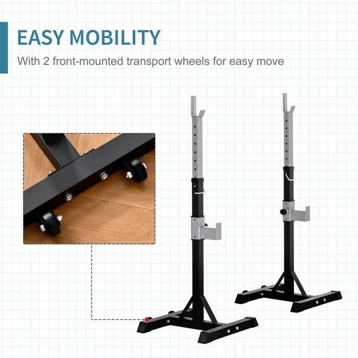 Adjustable Barbell Squat Rack (2 Pairs) - Portable Stand with Wheels for Weight Lifting and Bench Press - Ideal for Home Gym Fitness Enthusiasts
