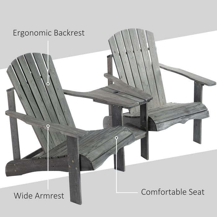 Double Adirondack Wooden Loveseat with Center Table - Outdoor Patio Furniture with Umbrella Hole, Grey - Ideal for Garden Lounging and Relaxation