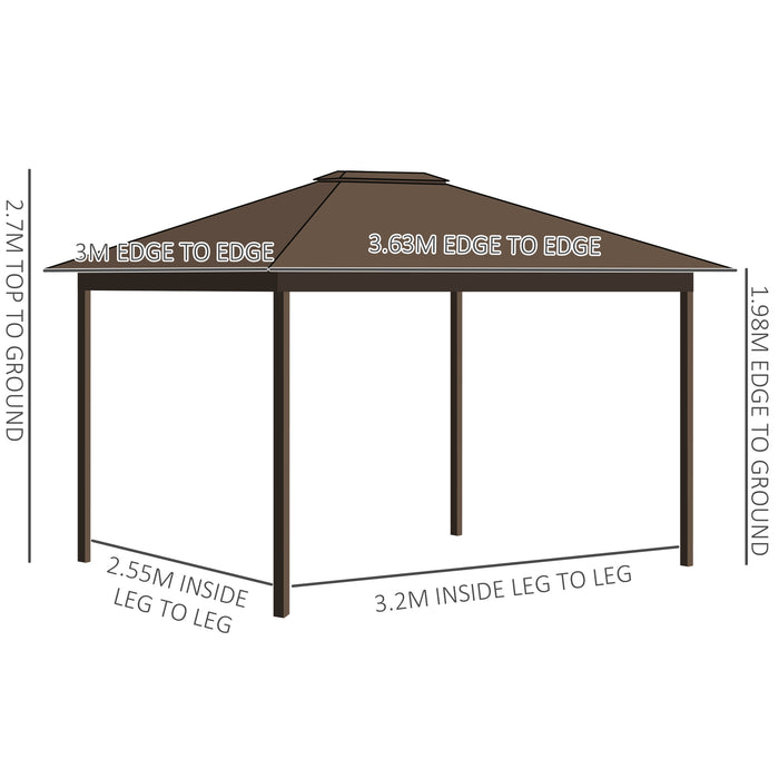 Outdoor Hardtop Gazebo 3.6x3m - Metal Roof Aluminum Frame with Mesh Nettings and Curtains, Brown - Spacious Patio Shelter for Garden Entertaining