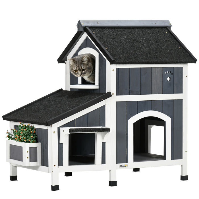 2-Tier Grey Cat Shelter Flower Pot - Windowed Feline Haven with Multiple Entrances - Water-Resistant Roof Ideal for Outdoor Pets