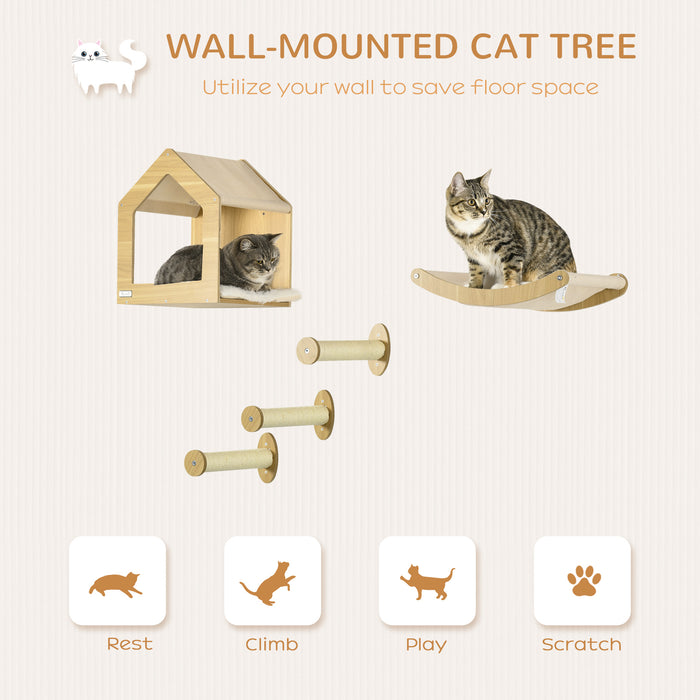 Cat Climbing Playset with 5 Wall-Mounted Shelves - Oak Kitten Activity Center with Condo, Hammock & Scratching Post - Ideal for Feline Enthusiasts and Playful Pets