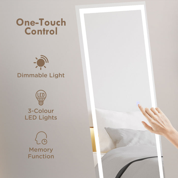 LED-Lit Standing Dressing Mirror - Bedroom Wall Mirror with Dimmable 3-Color Lighting, White - Ideal for Makeup and Room Ambiance