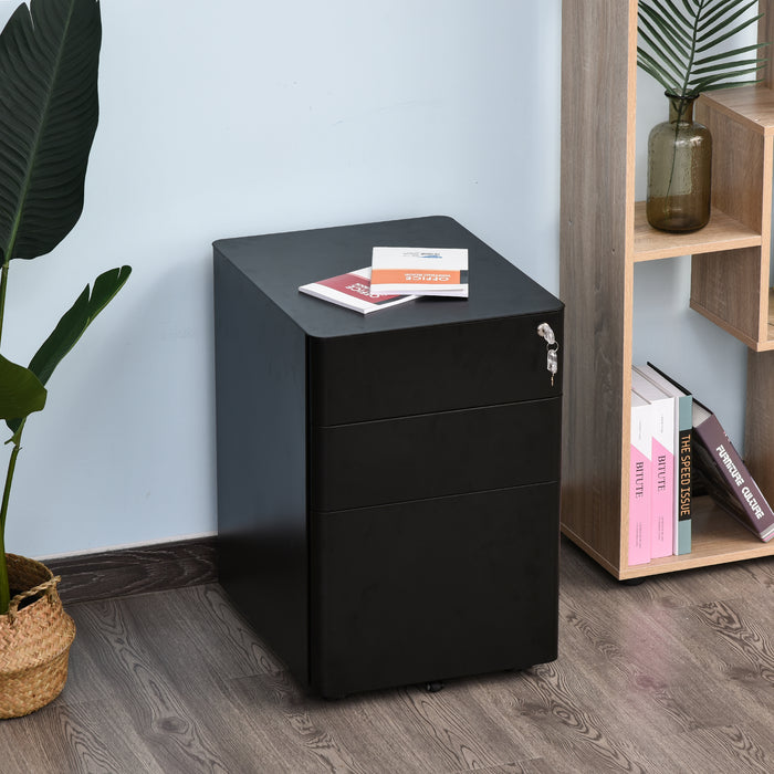 Lockable Steel 3-Drawer File Cabinet - Holds Letter/Legal/A4 Documents, Mobile Office Storage on Wheels - Black Metal Filing Solution for Home and Office Organization