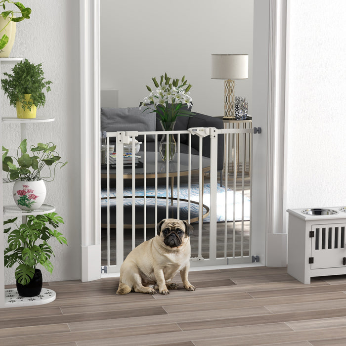 Adjustable Metal Dog Barrier 74-94cm - Sturdy Safety Pet Gate in White - Ideal for Keeping Dogs Secure in Home Spaces