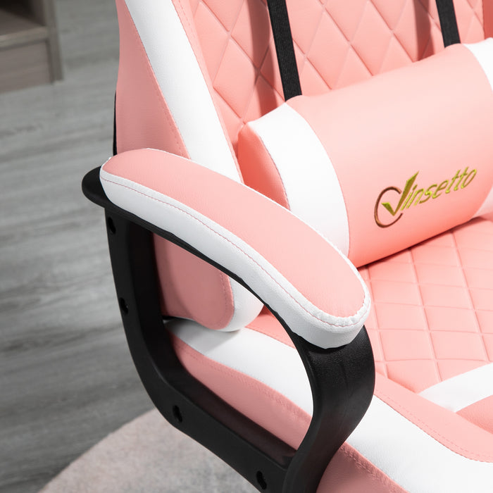Ergonomic Racing Chair for Gamers - Lumbar Support, Adjustable Headrest, Swivel Wheels, PVC Leather - Comfortable Desk Seating for Home Office Use, Pink & White