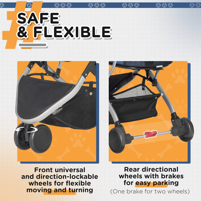 2-in-1 Detachable Pet Stroller Pushchair - Foldable Dog & Cat Travel Carriage with Carrying Bag - Convenient Mobility Solution for Animal Lovers, Dark Blue