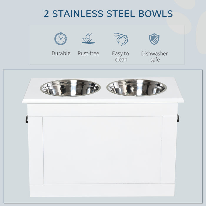 Elevated Dog Feeding Station with Storage - Includes 2 Stainless Steel Bowls, Ideal for Large Pets, White Finish - Convenient Mealtime Solution for Large Dogs