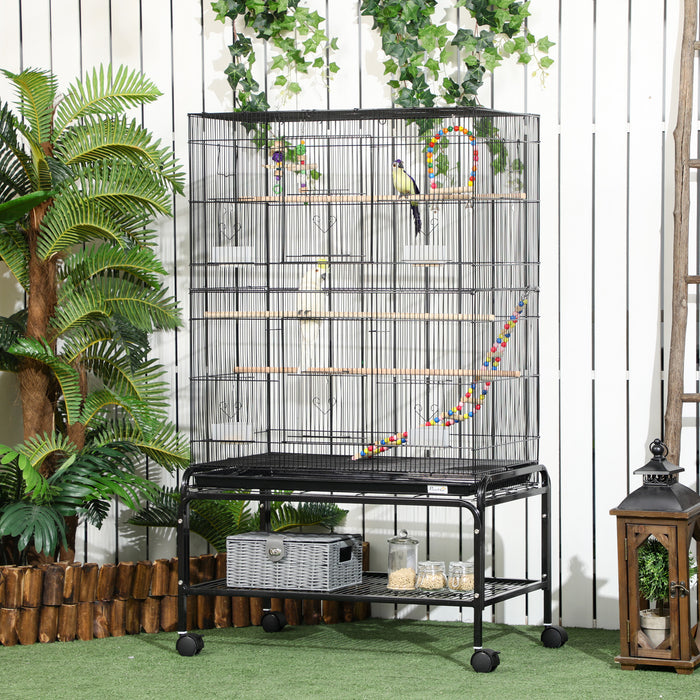 Bird Cage on Wheels with Stand and Accessories - Ideal for Canaries, Finches, Lovebirds, Parakeets - Includes Toys and Storage Shelf for Pet Convenience