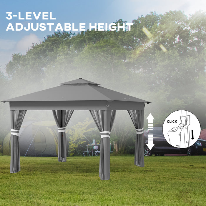 Adjustable 3x3m Pop-Up Gazebo Party Tent with Solar LED Lighting - Sturdy Event Shelter with Curtains and Netting in Grey - Ideal for Outdoor Gatherings and Celebrations