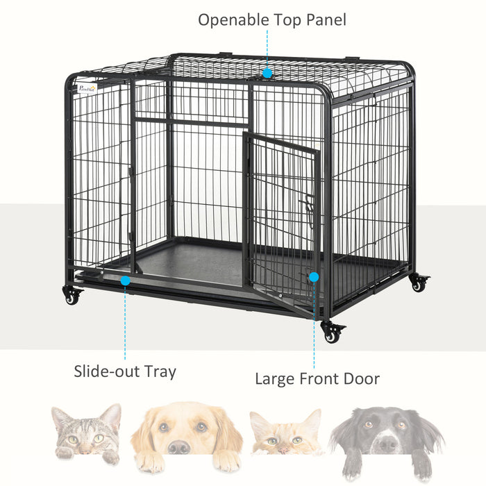 Heavy Duty Foldable Dog Crate - Double-Door Pet Cage with Removable Tray and Lockable Wheels - Durable Indoor Kennel and Playpen for Dogs
