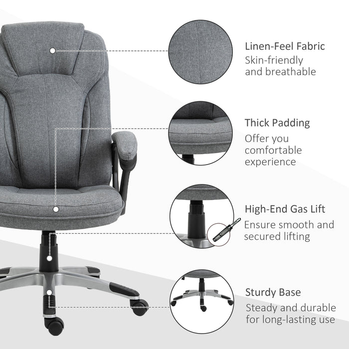 Height Adjustable Grey Linen Fabric Swivel Chair - Ergonomic Home Office Computer Chair with Padded Armrests and Tilt Function - Comfortable Seating for Work and Study